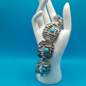 Vintage Silver Tone Wide Bracelet, Turquoise Lucite Cabochon, 6 3/4"